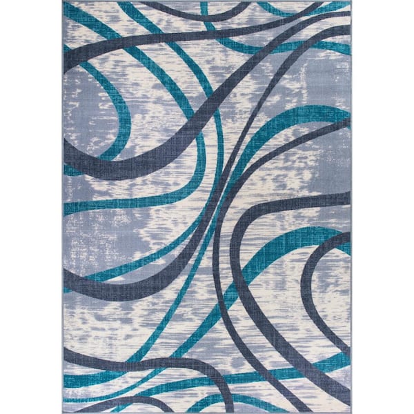 World Rug Gallery Contemporary Distressed Blue 7 ft. 10 in. x 10 ft. Abstract Lines Non Slip Area Rug