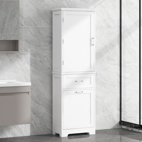 BAYA 20 in. W x 14 in. D x 68 in. H White Wooden Storage Linen Cabinet with Two Different Size Drawers for Bathroom