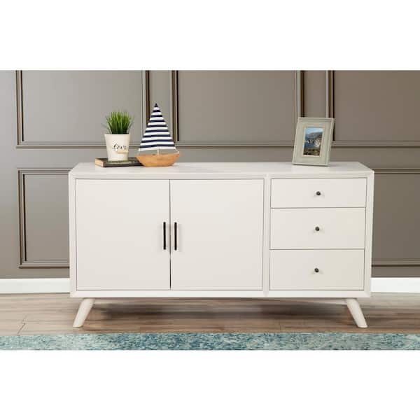 Alpine Furniture Flynn White Wood 58 in. W Sideboard with Solid Wood, Drawers