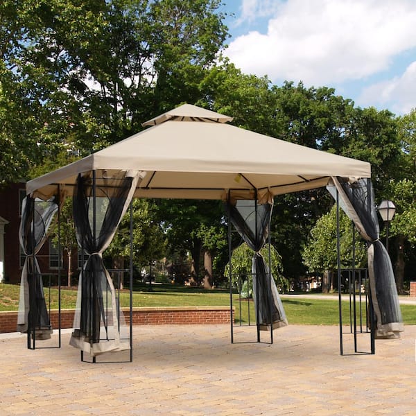 Outsunny 10 ft. x 10 ft. x 9 ft. Steel Frame Outdoor Gazebo with Mosquito Netting and Weather-Resistant Canopy Top, Sand