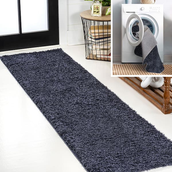 JONATHAN Y Navy 2 ft. x 8 ft. Clayton Coastal Solid Glam Shag Machine-Washable Runner Rug