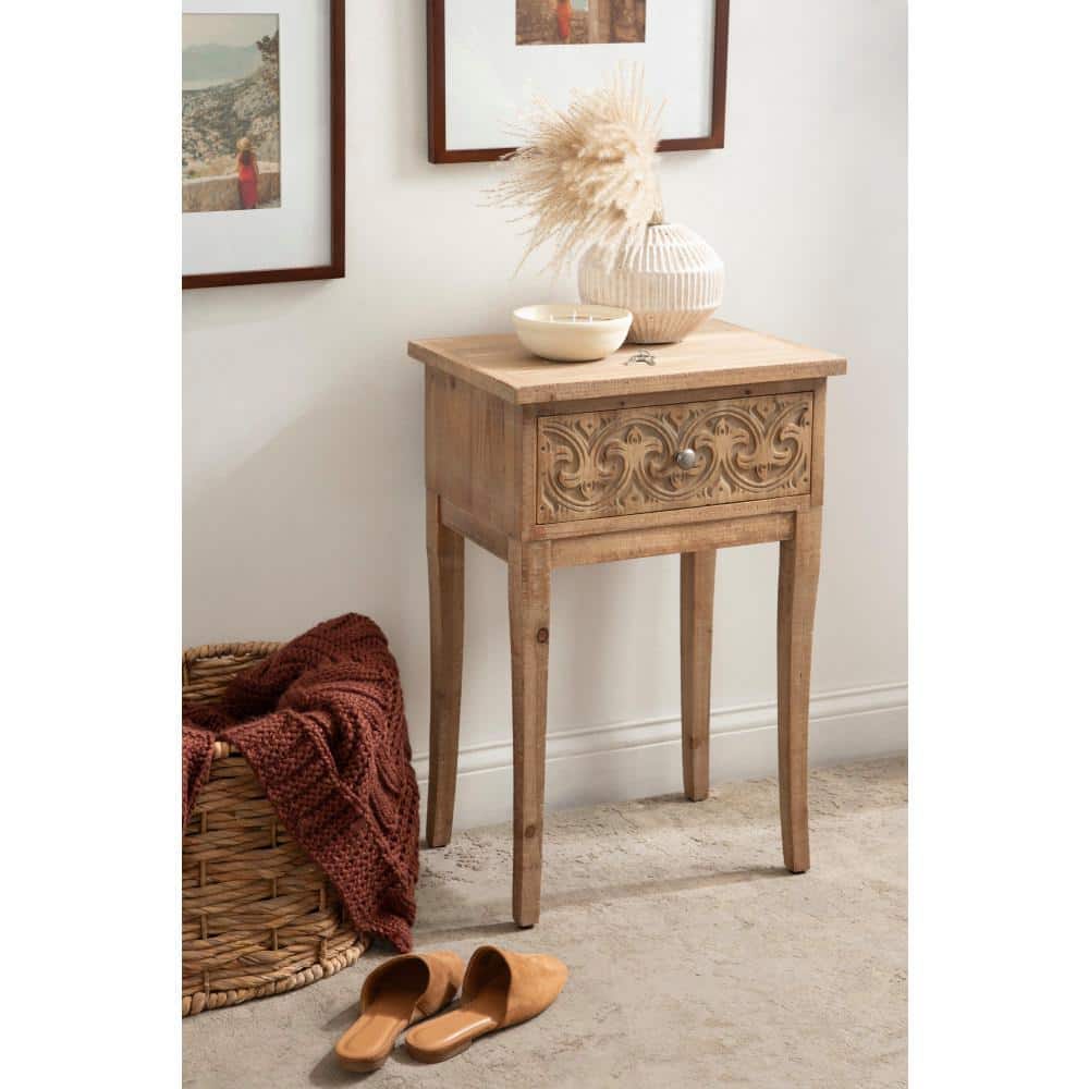 Hazelnut Rustic Wood Side Table with Carved Drawer
