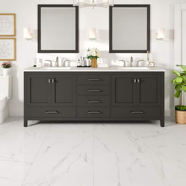 Aberdeen 84 in. Double Sink Espresso Bath Vanity with White Carrara Quartz Top (Assembled)