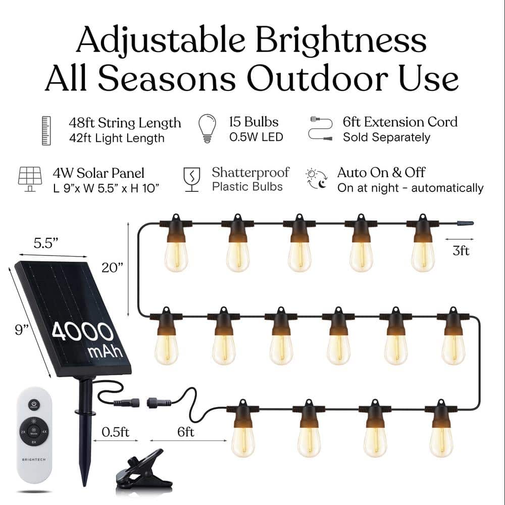27ft Solar Powered Warm White LED Outdoor String Lights