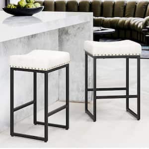24 in. White Cusioned Backless Faux Leather Saddle Bar Stools with Metal Frame (Set of 2)
