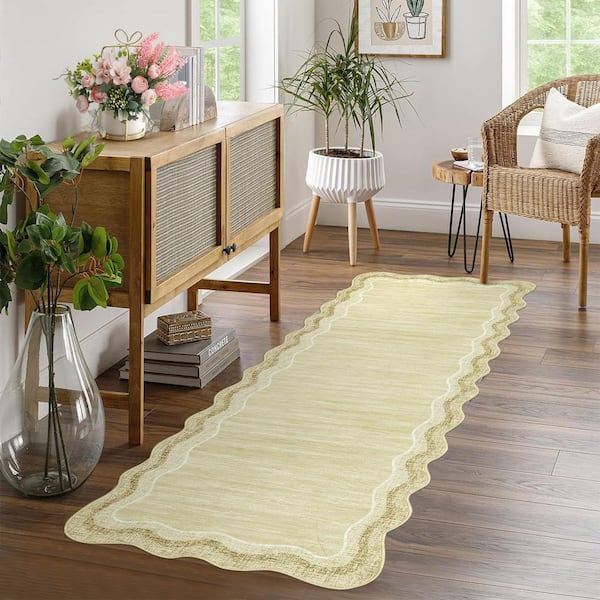 Washable Carpet Beige 2 ft. x 6 ft. Soft Non-Slip Thin Area Rug Irregular Solid Color Decorative Carpet