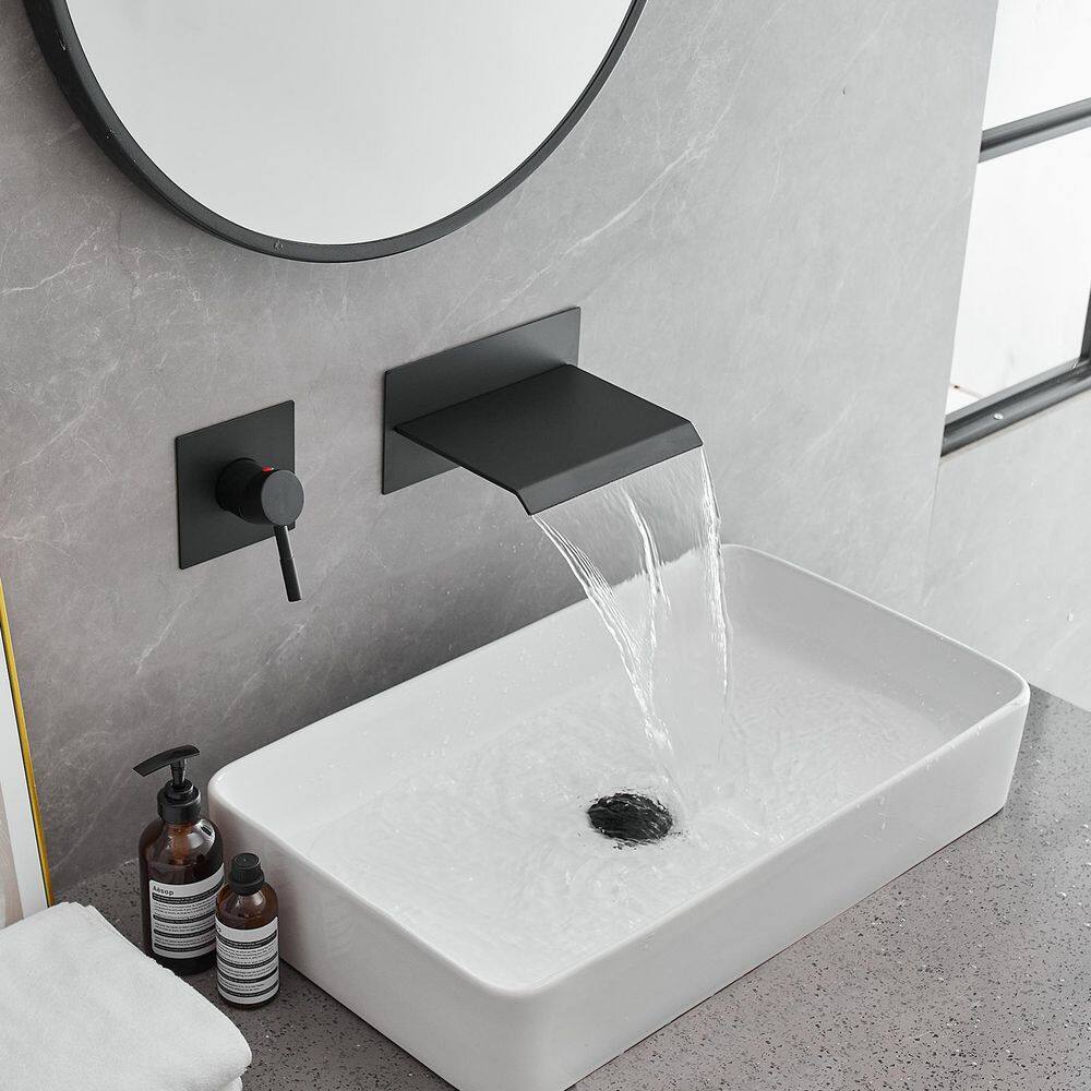 Matte Black Wall-Mount Waterfall Bathroom Faucet with Lever Handle