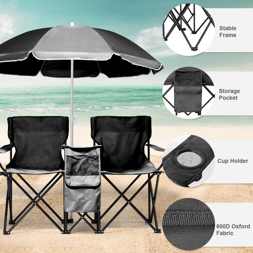 Black Portable Two-Person Fishing Chair with Removable Umbrella