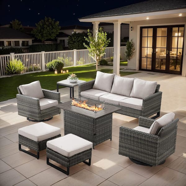 Gray Swivel Wicker Outdoor Rocking Chair with Beige Cushions and Glide Function (2-Pack)