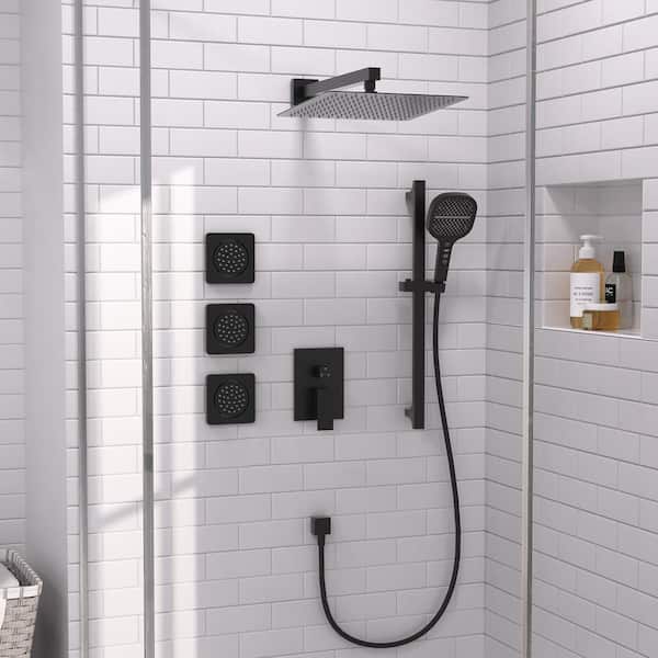 Enga Full Body Shower System With Body Jets, 12 Inch Powerful Rainfall Shower And Handheld Spray, Rough-in Mixer Valve Concealed Shower Faucet Set Complete, Matte Black