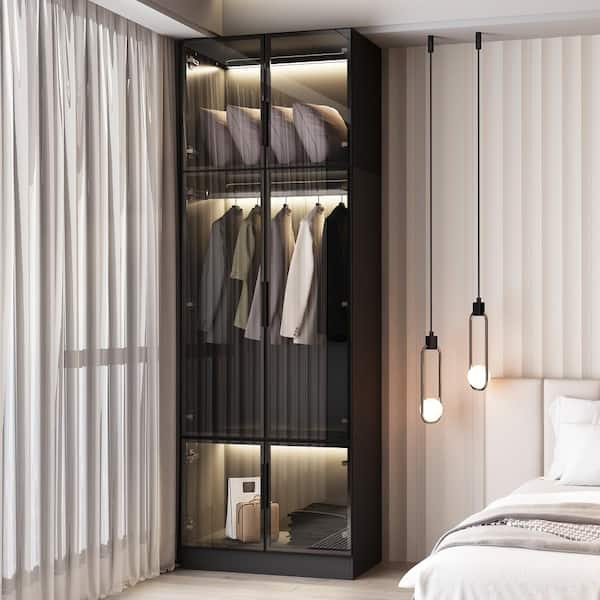 FUFU&GAGA Black Wood 31.5 in. W Glass Doors Armoires Aluminum Frame Wardwore with Lights, Hanging Rod (94.5 in. H x 19.7 in. D)