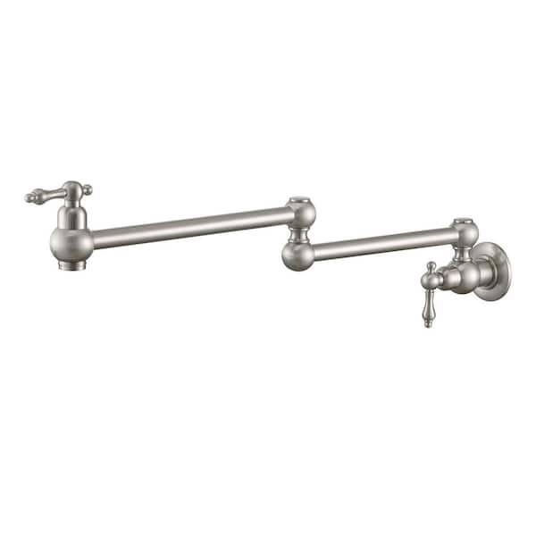 Residential Wall-Mount Retro Pot Filler Faucet with Dual Handles and 20 in. Swing Arm in Brushed Nickel