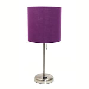 19.5 in. Brushed Steel/Purple Contemporary Bedside Power Outlet Base Standard Metal Table Desk Lamp