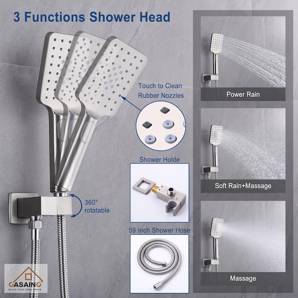 CASAINC 3-Spray Pattern 12 in. Ceiling Mount Shower System Shower