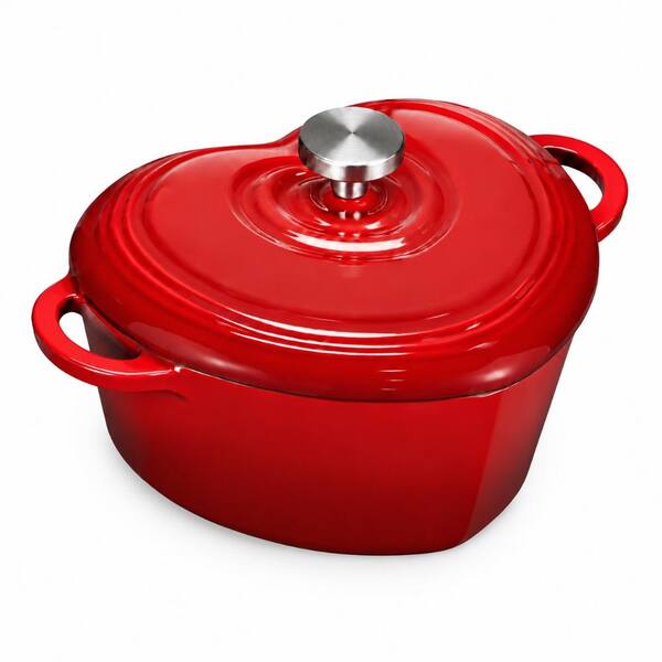 2 qt Heart-Shaped Enameled Cast Iron Dutch Oven with Lid, Hot Red Finish for Small Meals