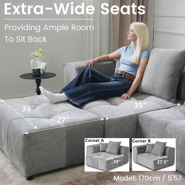 144 in. Oversized Square Arm Linen Rectangle Modular Sectional Sofa 3-Seater in Gray