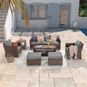 7-Piece Brown Wicker Outdoor Conversation Seating Sofa Set with Coffee Table, Gray Cushions