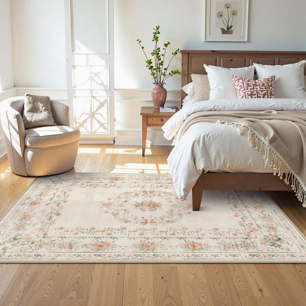 Boho Vintage Floral Plant Washable Beige Stain Resistant Non Slip Backing 8 ft. x 10 ft. Area Rug