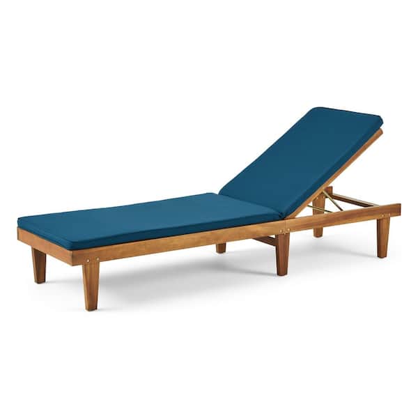 Nadine Teak Brown 1-Piece Wood Outdoor Patio Chaise Lounge with Blue Cushions