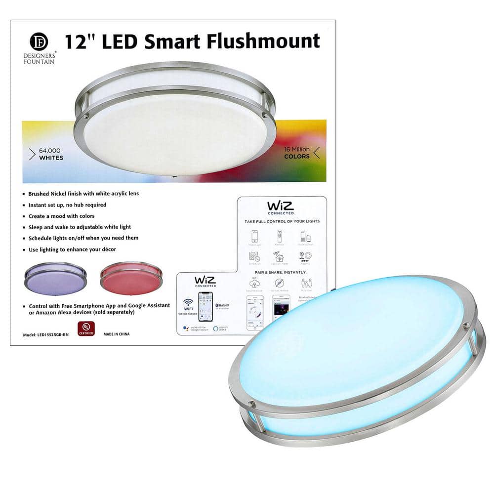 Designers Fountain 12 in. Voice Controlled Colors Brushed Nickel Smart  Selectable CCT LED Ceiling Light Flush Mount LED1552RGB-BN - The Home Depot