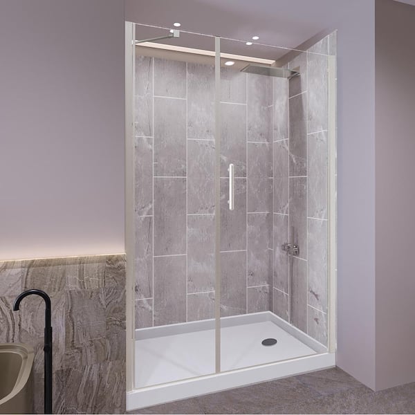 NuVo Platinum Grey-Salishan 48 in. L x 32 in. W x 83 in. H Base/Wall/Door Rectangular Alcove Shower Stall/Kit Chrome Center