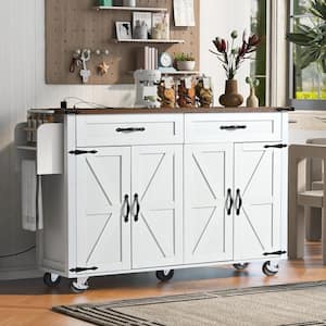 White Wood 53.5 in. Kitchen Island with Drop Leaf, Spice Rack and Drawer