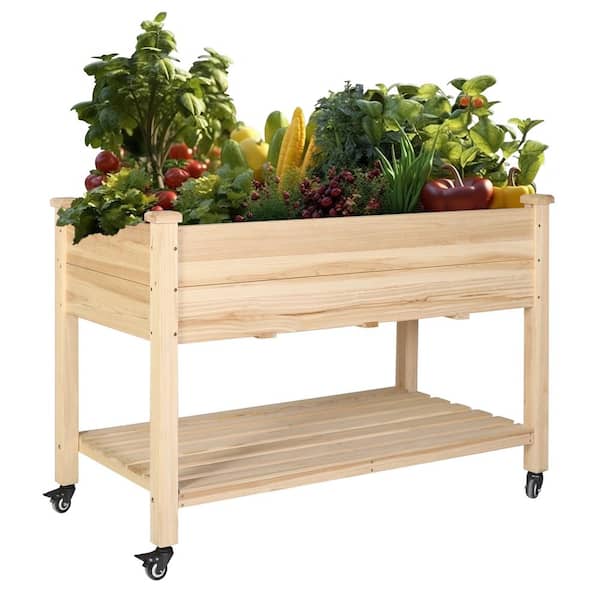 47 in. x 24 in. x 33 in. Cedar Wood Color Wooden Raised Garden Bed with Lockable Wheels, Liner