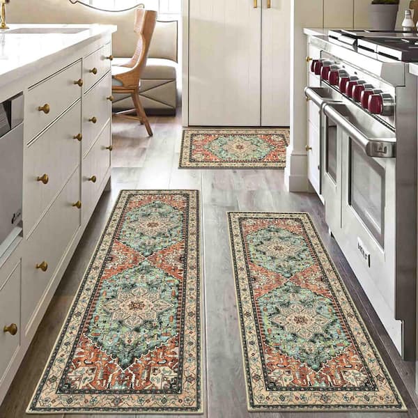 Brick Red /Teal 1.67 ft. x 4.9 ft. Boho Indoor 3-Piece Rug Set