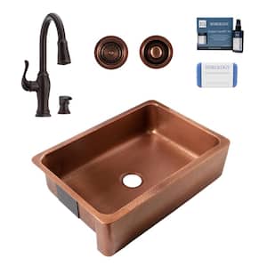 Lange 32 in. Farmhouse Apron Undermount Single Bowl 17 Gauge Antique Copper Kitchen Sink with Maren Bronze Faucet Kit