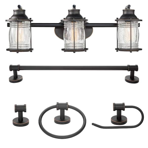 Globe Electric Bayfield 3-Light Oil Rubbed Bronze Vanity Light With Seeded Glass Shades and Bath Set