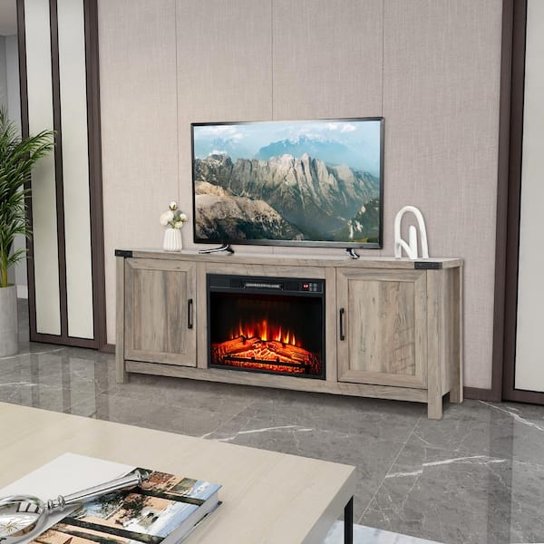 FORCLOVER Natural Electric Fireplace TV Stand with Storage Cabinets Fits TVs up to 70 in.