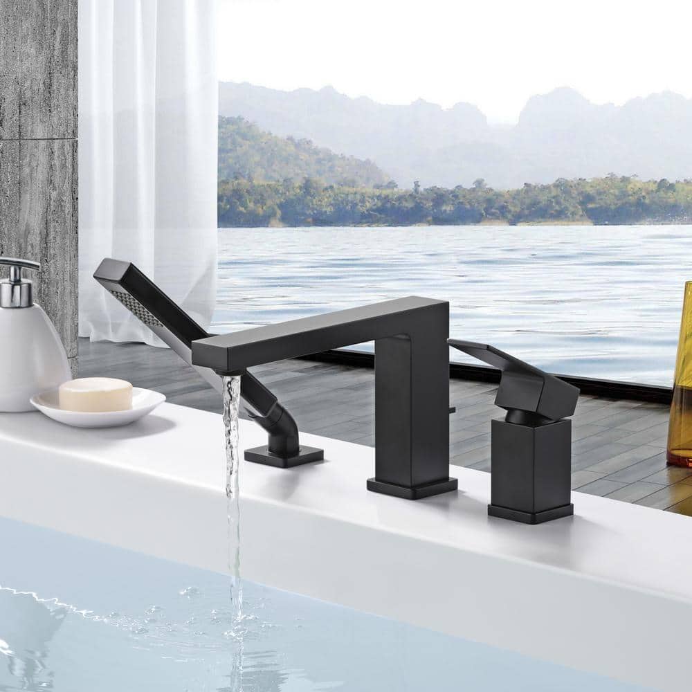 Matte Black Single Handle Deck-Mounted Tub Faucet with Hand Shower
