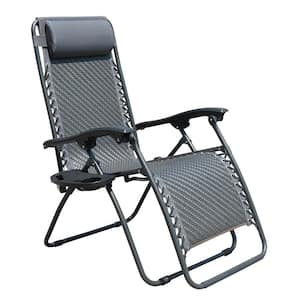 Black Metal Outdoor Adjustable Folding Chaise Lounge with Pillows and Cup Holder Tray