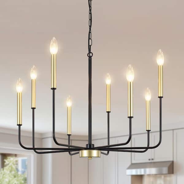 8-Light Black and Gold Candlestick Hanging Linear Chandelier Lighting Ceiling Light for Kitchen Island