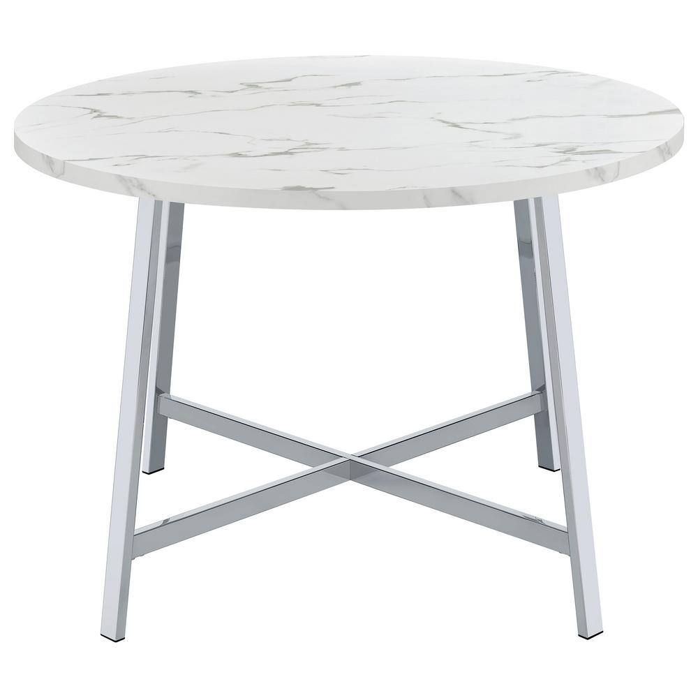 Round White Faux Marble and Chrome Dining Table