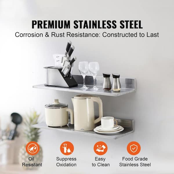 8.6 in. x 30 in. Stainless Steel Wall Mounted Shelf, Floating Shelving with Backsplash, 44 lbs. Load Capacity, Silver