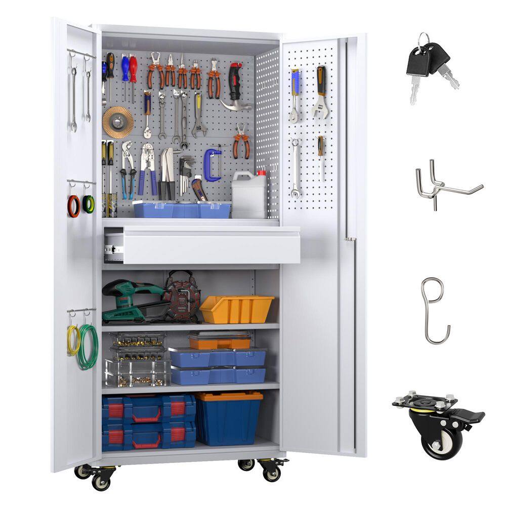 15 in. D x 30 in. W x 71 in. H Metal Storage Freestanding Cabinet with 1-Drawer, 2-Shelf and Wheels in Gray and White price history on PriceWatchPro