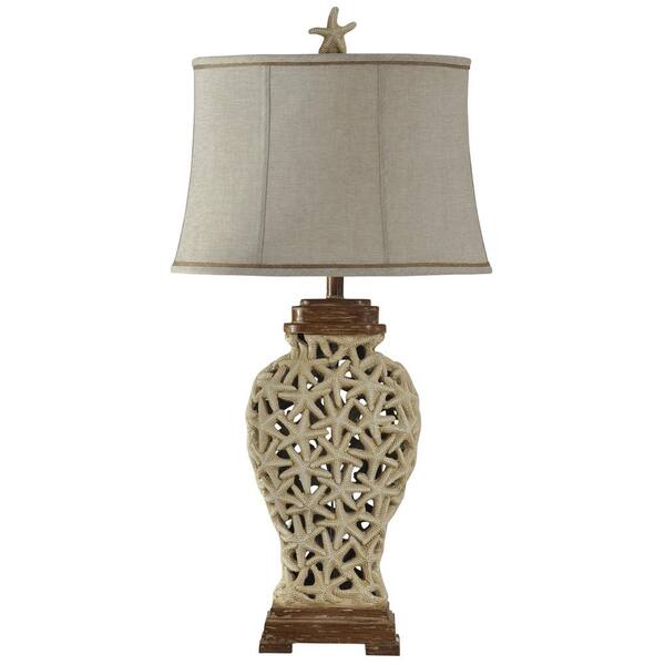 StyleCraft 36 in. Brown and Beige Table Lamp with Beige Softback Fabric Shade