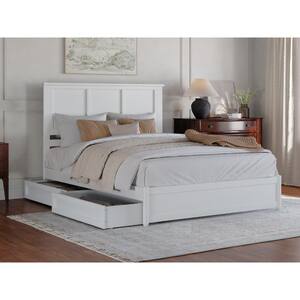 Felicity White Solid Wood Frame Queen Platform Bed with Panel Footboard and Storage Drawers