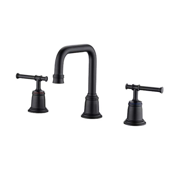 FLG 8 in. Widespread Double Handle Bathroom Faucet with Drain Kit Included Brass 3 Holes Sink Vanity Faucets in Matte Black