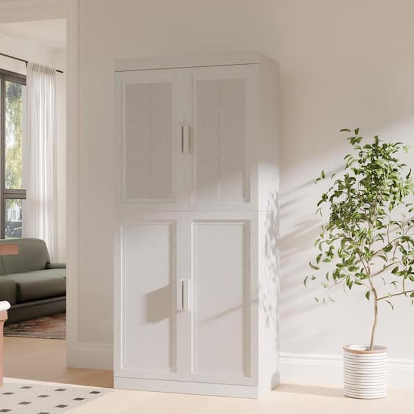 Solid Wood White 67 in. H Storage Cabinet with Adjustable Shelves and Rattan Doors