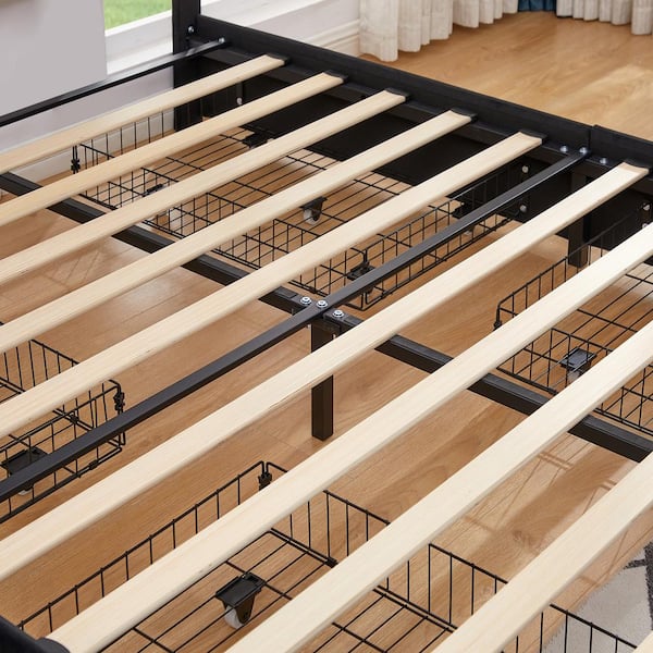 Upholstered Bed Frame Black Queen Metal Frame With 4-Storage Drawers and Adjustable Headboard Platform Bed