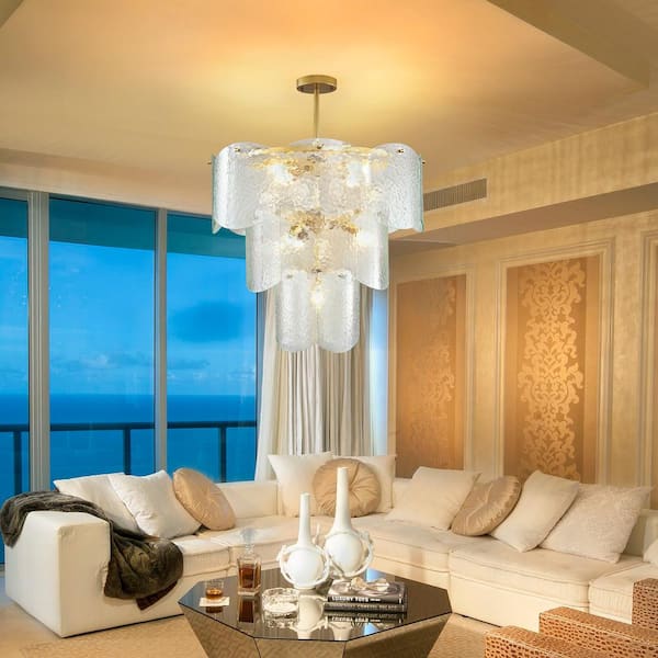 8-Light Gold Pendant Hanging Light Fixture Modern Branch with Glass Lampshade Chandelier