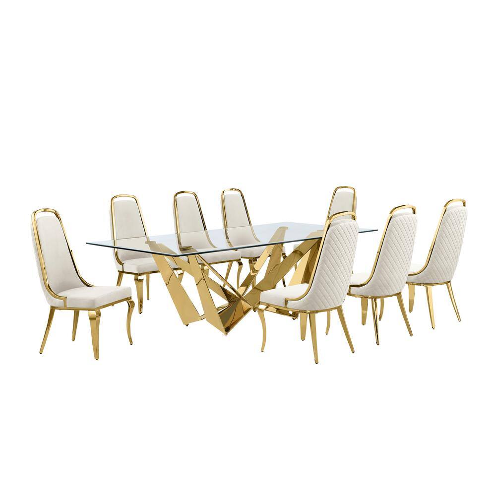 Best Quality Furniture Meryl 9Piece Rectangular Glass Top Gold