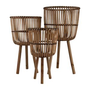 Brown Bamboo Round Outdoor Planters on Bamboo Stand 3- Pack