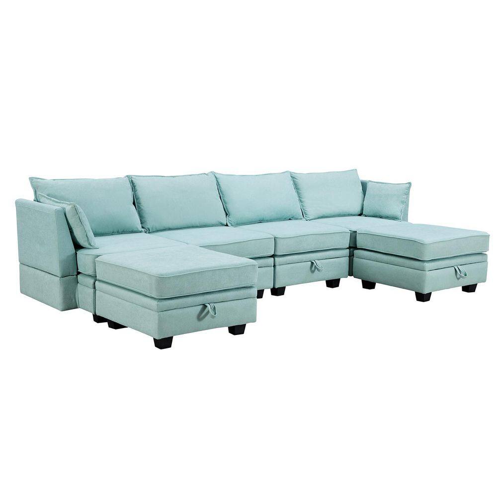 115 in. Convertible Linen U-Shape Modular Sectional Sofa in Green with Reversible Chaise, Storage Seat and Ottoman