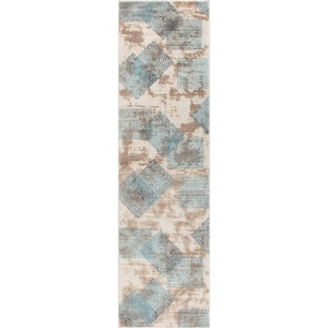 Beige 2 ft. x 7 ft. Contemporary Distressed Geometric Runner Rug