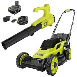 ONE+ 18V 13 in. Cordless Battery Walk Behind Push Lawn Mower and Blower with 4.0 Ah Battery and Charger