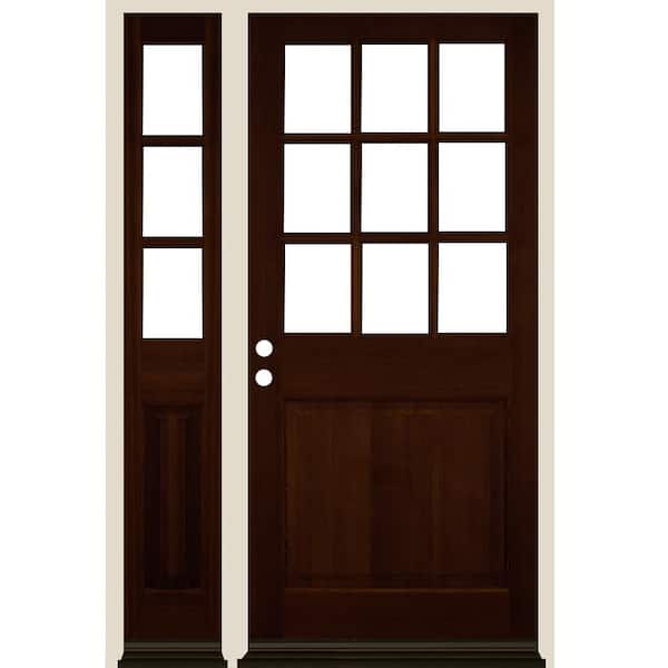 Krosswood Doors 50 in. x 80 in. Farmhouse 9-Lite Clear Glass Right-Hand Red Mahogany Stain Hemlock Wood Prehung Front Door w/ LSL