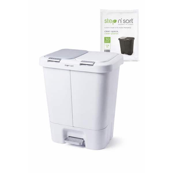 11 Gal. Plastic Trash and Recycling Bin (White) with Slow Close-Pop-Up Lid and 30 Custom Liners